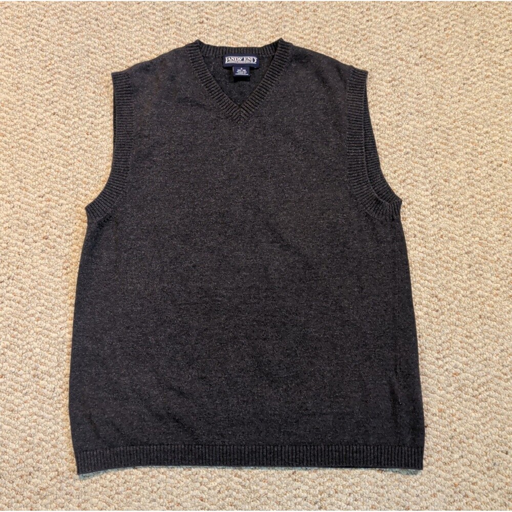 Lands End Sweater Vest Mens S 34-36 Gray V Neck Grandpa Preppy Cotton